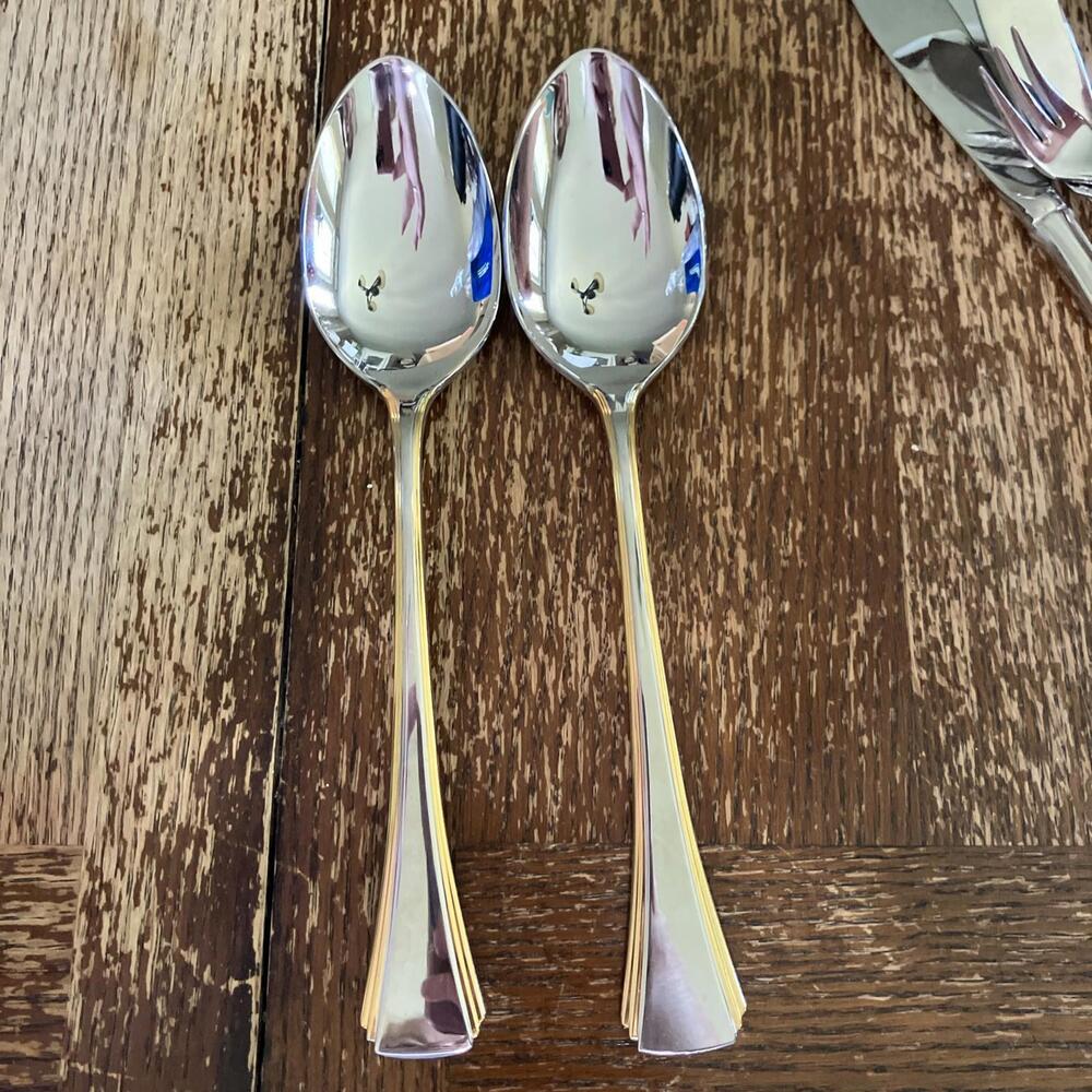 REED & BARTON Gold GOLDEN MIRO 2 SERVING SPOONS 8 1/2" Stainless and Gold